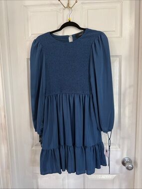 Smocked Bodice Long Sleeve Blue Mini Dress